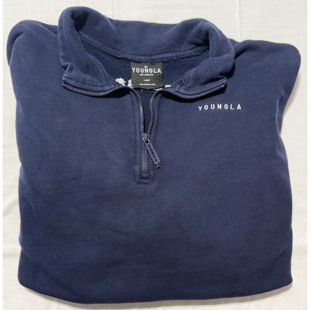 YoungLA Mens Quarter Zip Pullover Sweatshirt Navy Blue Embroidered Logo Large L